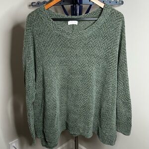 Pink Lily Green Textured Knit Sweater Large Crew Neck Soft Cozy Fall Layer